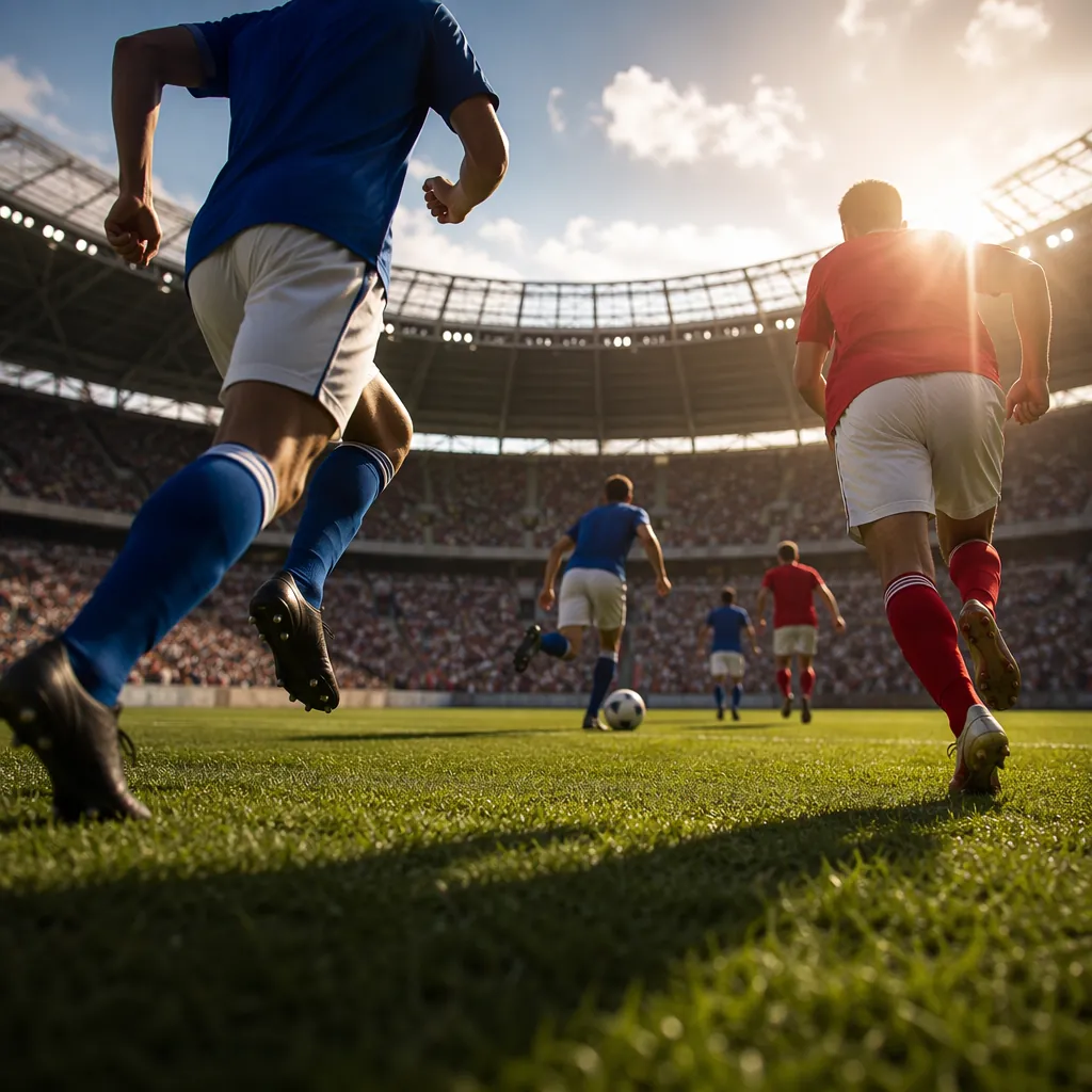 Low angle shot of young generic football players in unbranded jerseys running on
