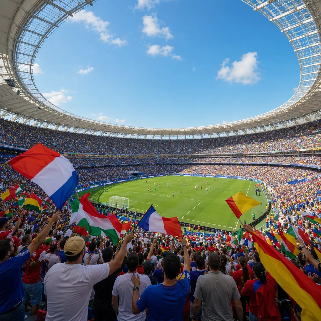 Wide shot of fans waving generic national flags in the stands of a modern World 