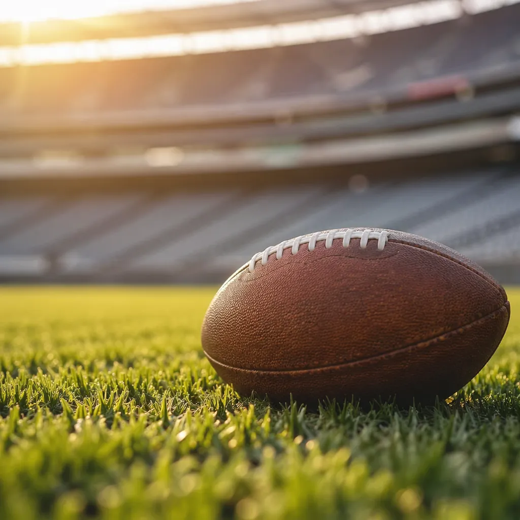 Close up shot of a football resting on the grass of a professional pitch, soft g