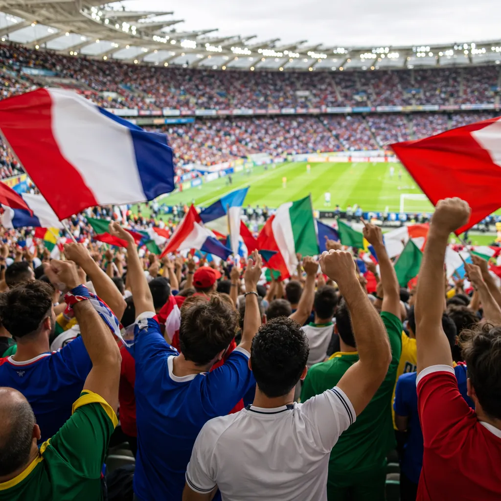 Wide shot of football fans wearing generic national team jerseys celebrating in