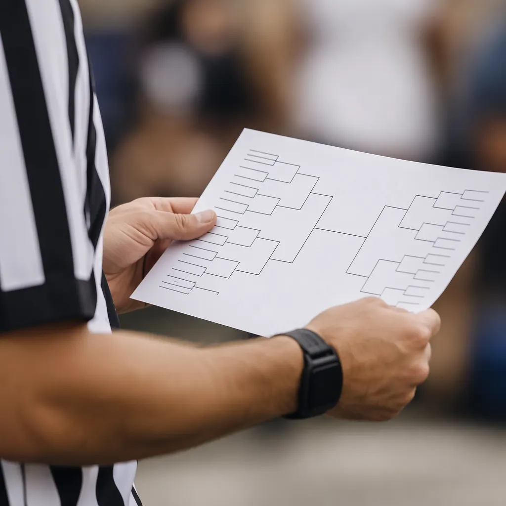 Close up of a match official holding a printed tournament bracket, blurred backg