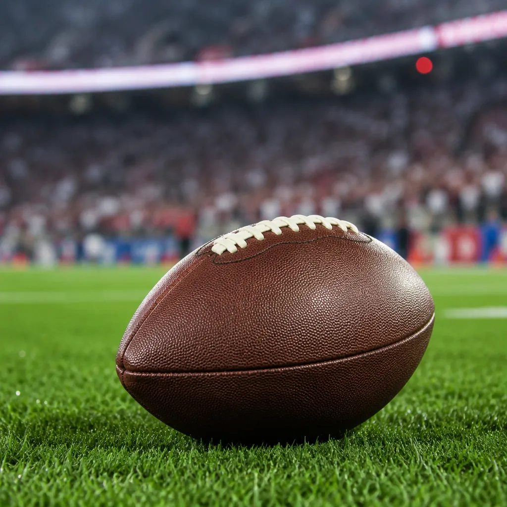 Close up of a generic football on a green grass pitch, with blurred background o