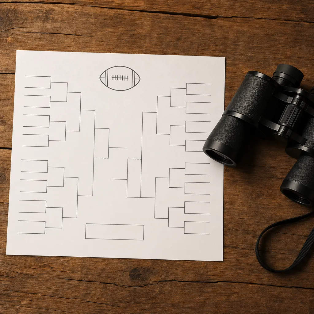 Overhead shot of a printed generic football tournament bracket sheet on a wooden