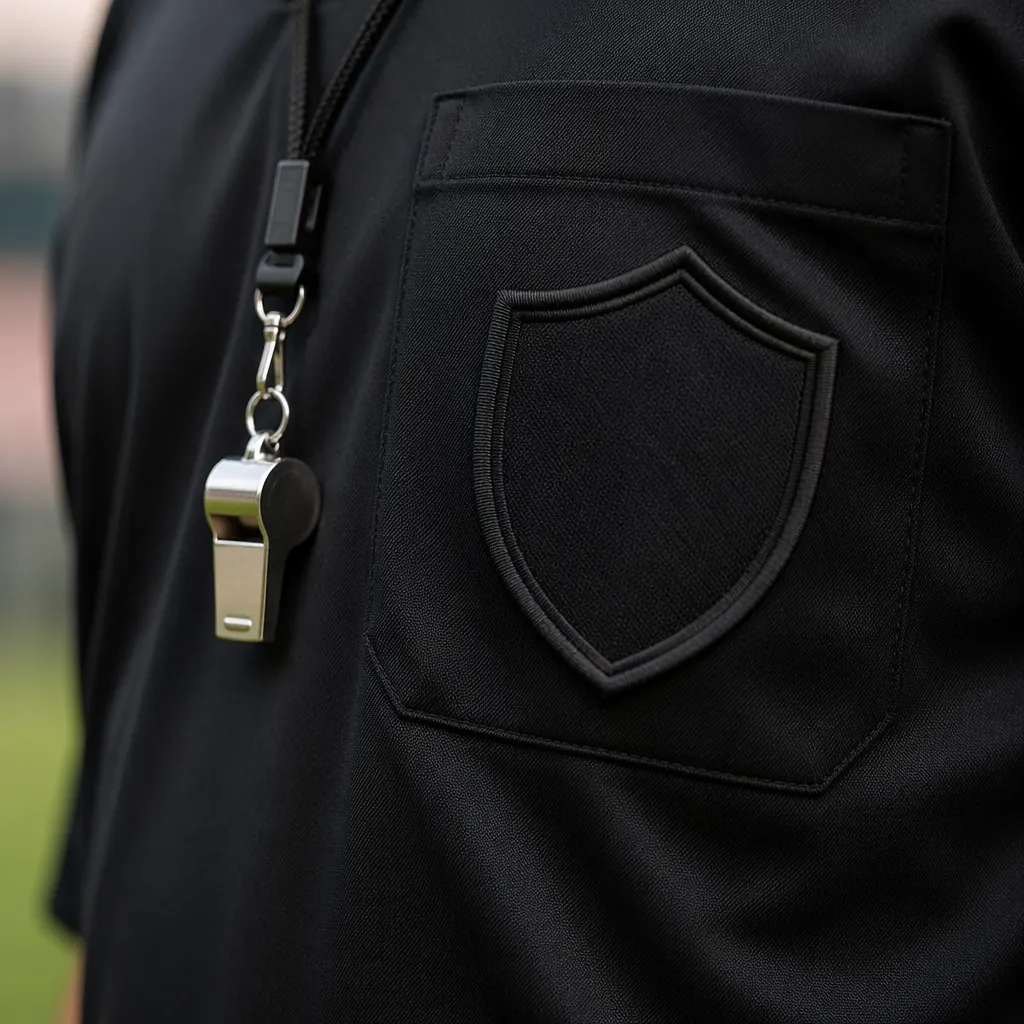 Close up of a referee's whistle and official badge on a black referee uniform, s