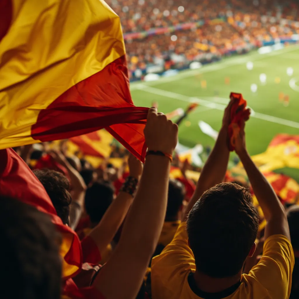Close up candid shot of excited fans in stadium stands holding national flags, b