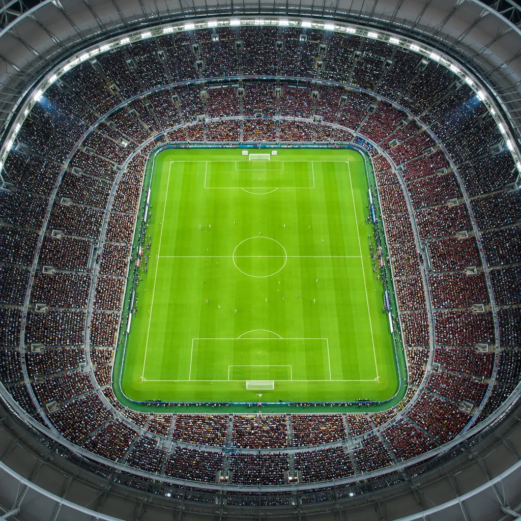 Overhead view of a modern world cup stadium interior filled with spectators, lus