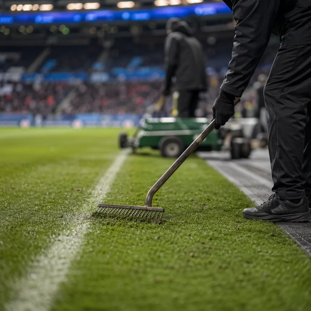 Close up of a football match half time scene, ground level view of the pitch edg