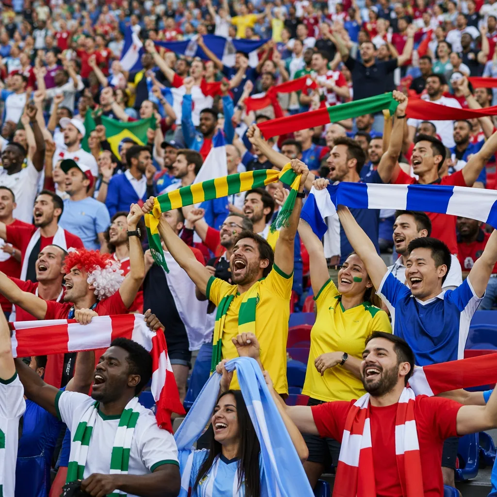 Wide view of football fans in stadium seats, holding colorful scarves, cheering,