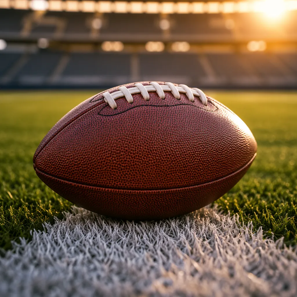 Close up shot of a football resting on the white center line of a professional p