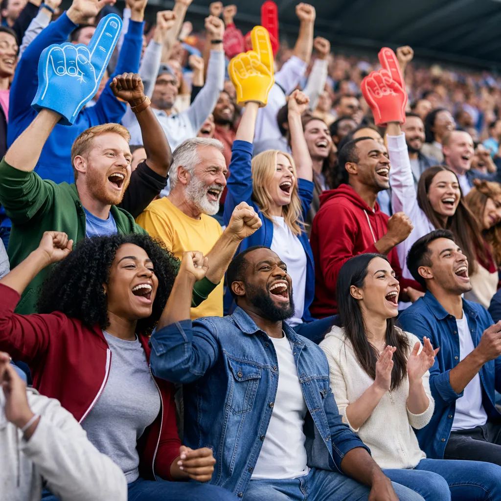 Wide shot of diverse football fans cheering together in stadium stands, wearing 