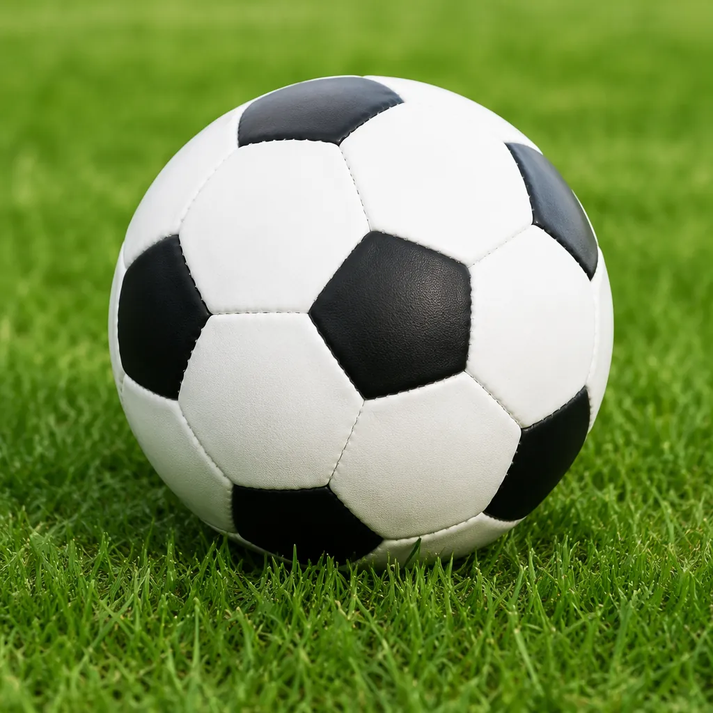 Close up of a generic official football placed on well-maintained green grass pi