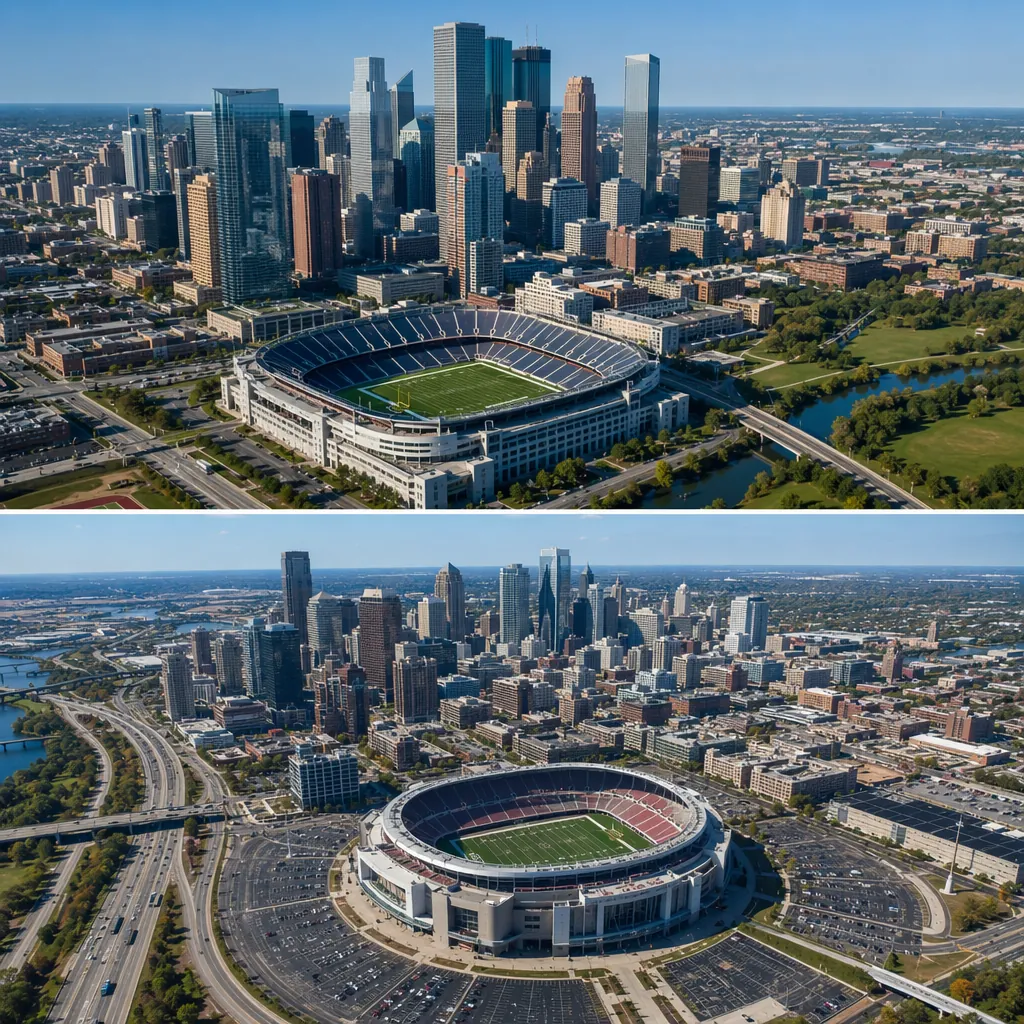 Aerial view of multiple generic North American city skylines with large football