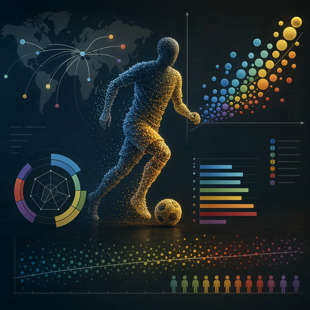Abstract data visualization of football player metrics, showing age, market valu