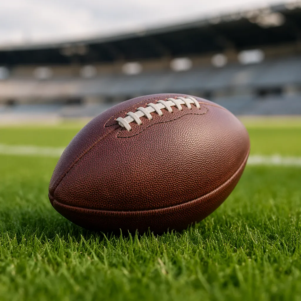 Close up shot of a standard football resting on a well-maintained green pitch, s