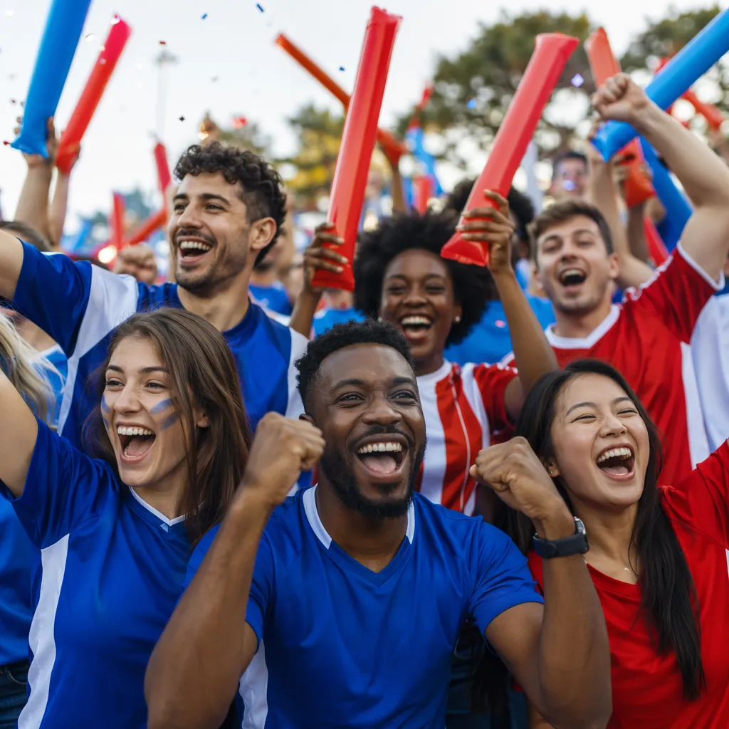 Group of diverse football fans wearing generic unbranded jerseys, celebrating to
