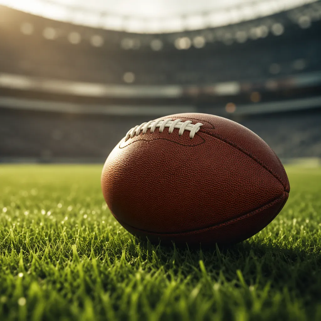 Close up shot of a generic football placed on a lush green grass pitch, soft sun