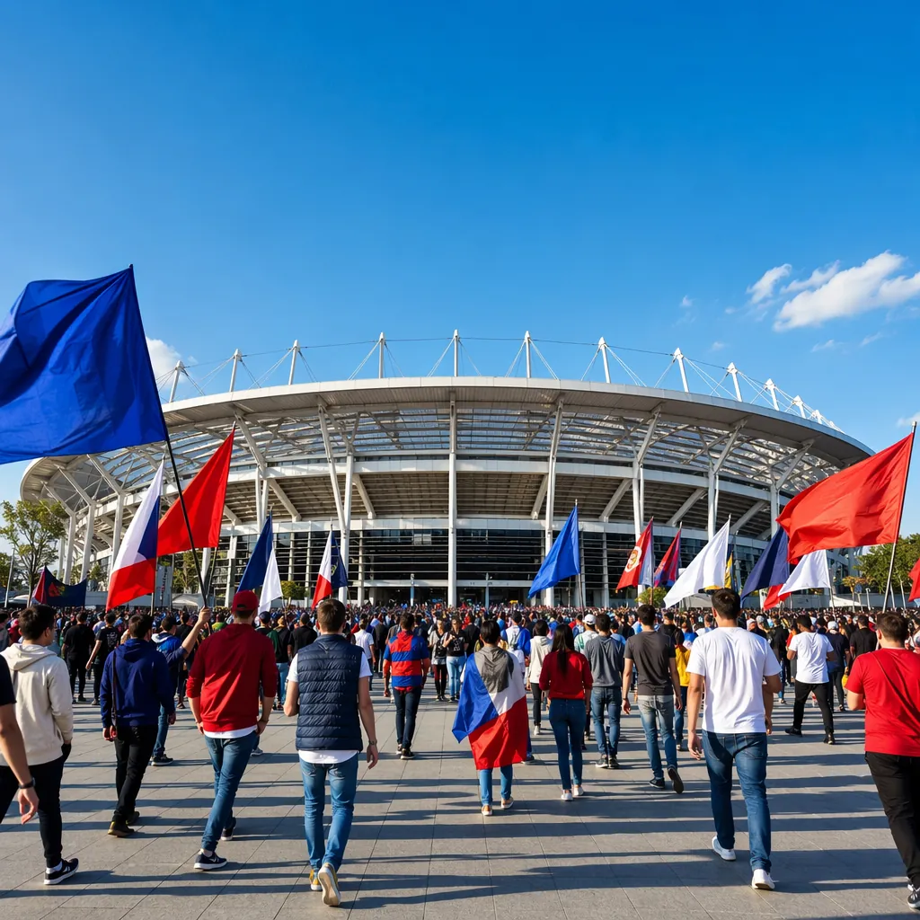 Wide shot of a modern football stadium exterior with fans walking towards the en