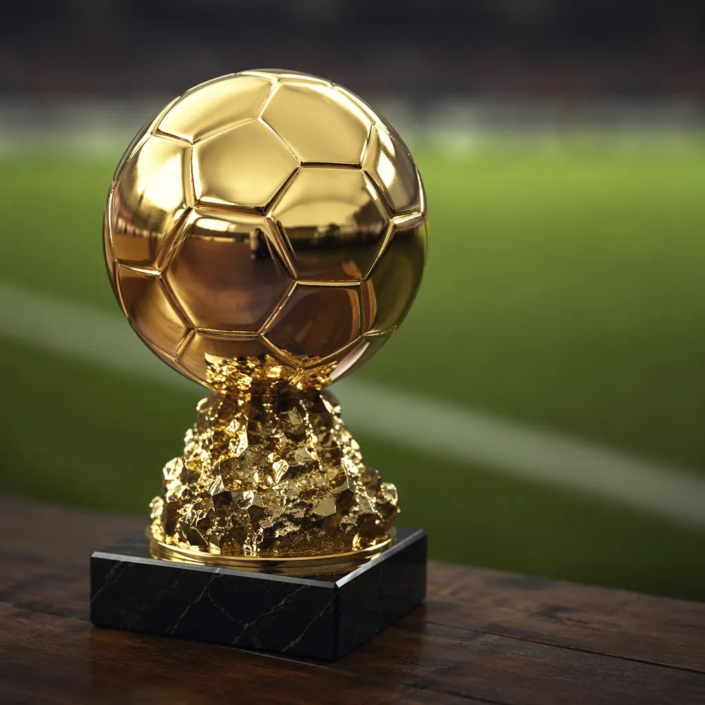 Close-up of a generic golden football trophy replica on a dark wooden surface, b