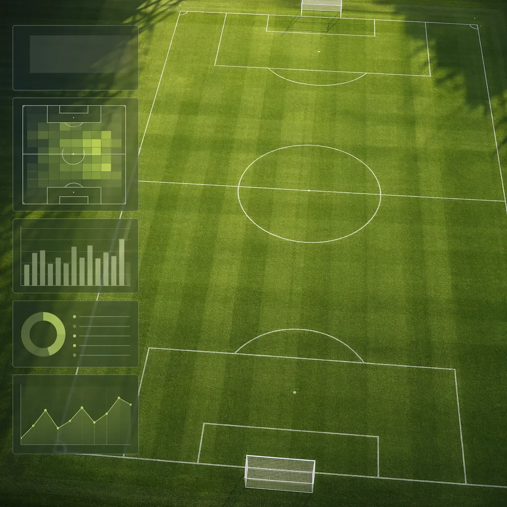 High-angle shot of a marked football pitch, blank semi-transparent data charts o