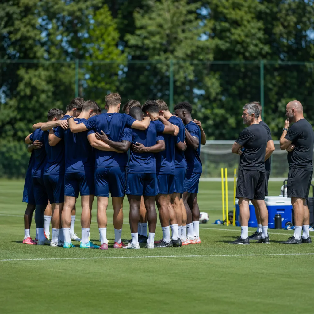 Generic shot of a soccer team huddling together on the pitch during a training s