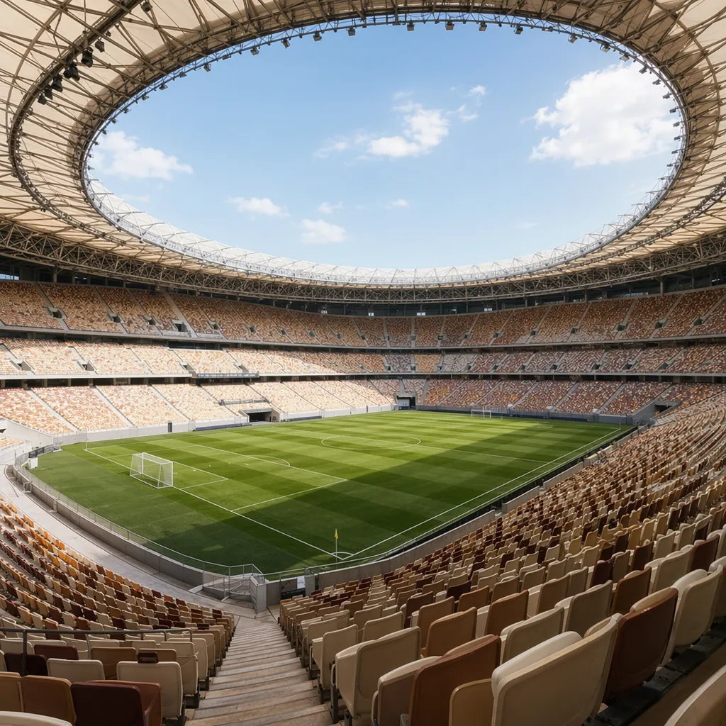 Wide shot of a modern FIFA World Cup host stadium interior, empty seats in warm 