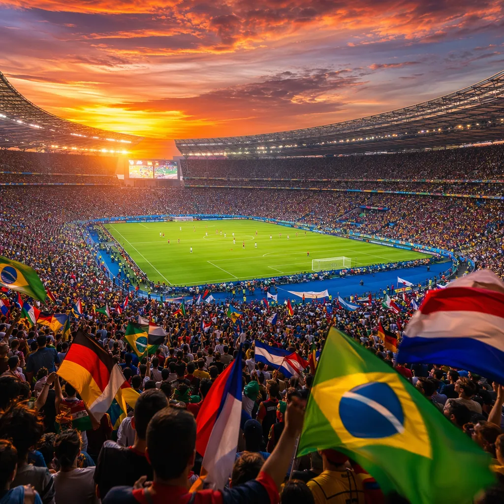 Wide shot of a packed World Cup stadium during sunset, colorful fan flags waving