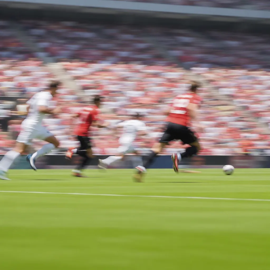 Wide shot of blurred football players in motion during a match, no recognizable 
