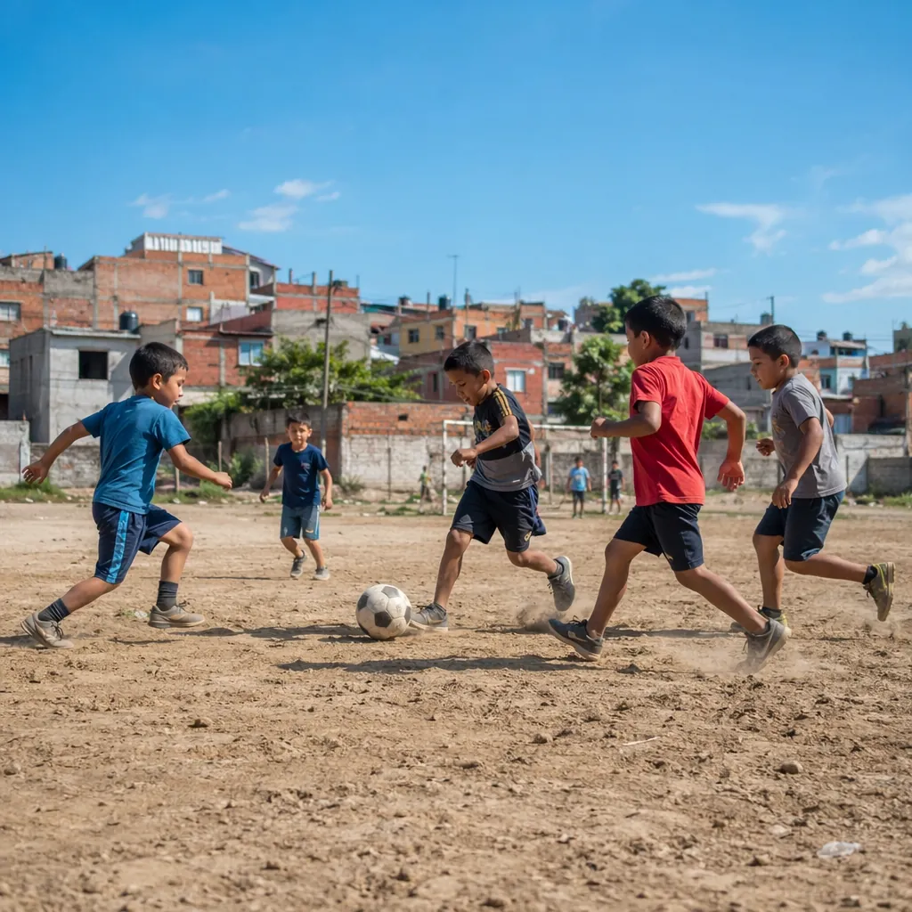 Wide shot of a group of young kids playing soccer on a dirt field in a residenti