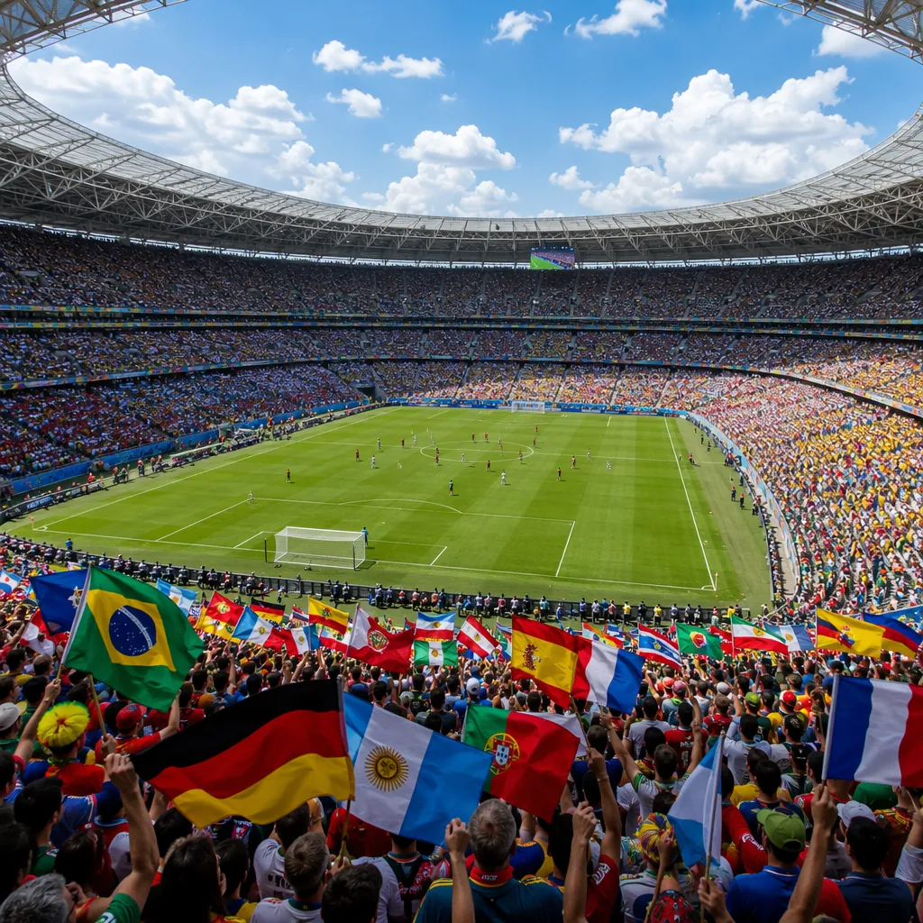 Wide shot of a full football stadium during an international match, fans waving 
