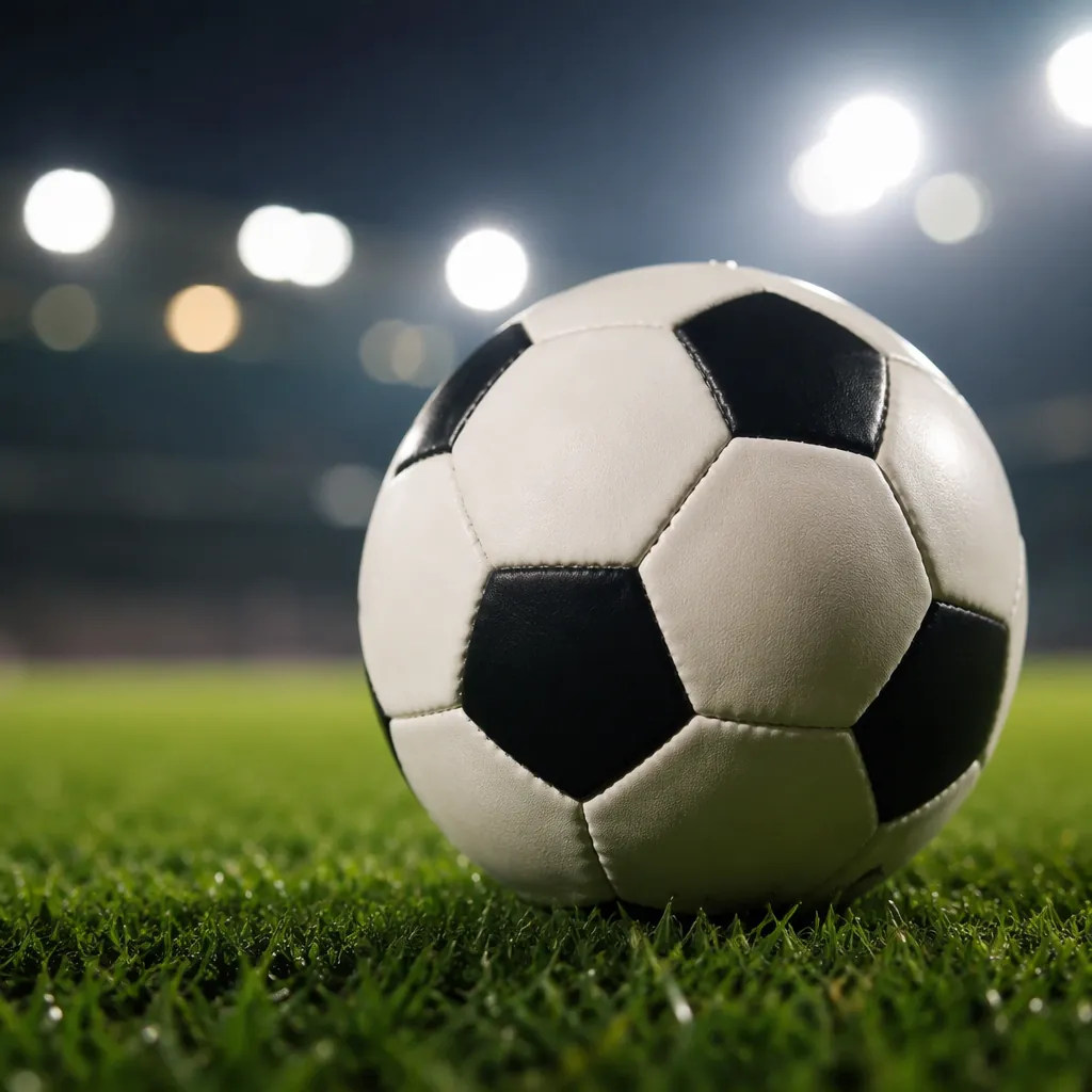 Close up shot of a traditional football resting on green grass pitch, stadium fl