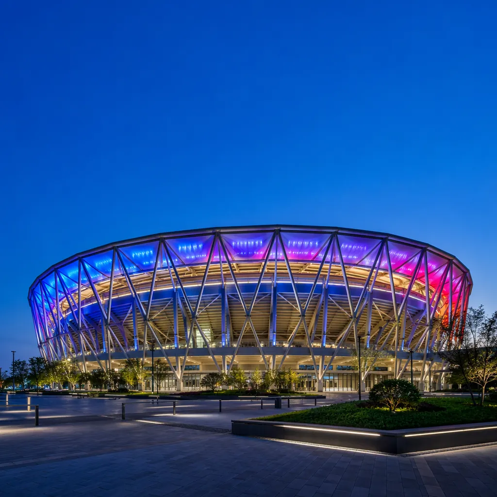 Wide shot of a modern generic soccer stadium exterior at dusk, colorful stadium 