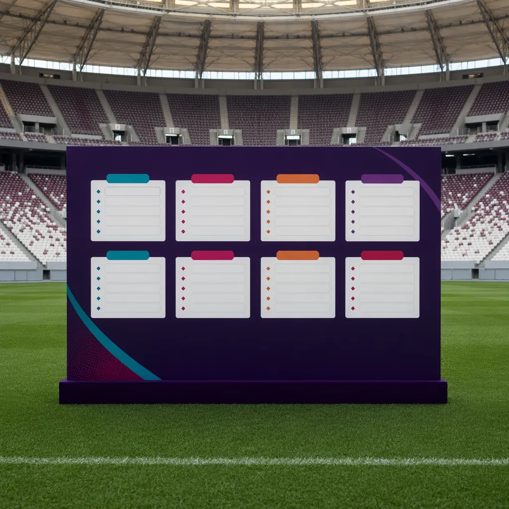 Wide shot of a generic World Cup group stage fixture board, no team logos or pla