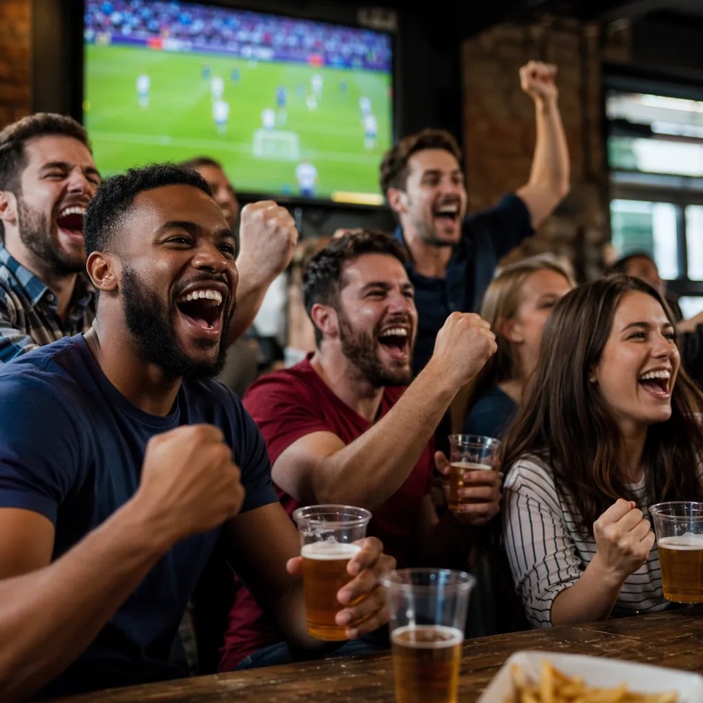 Group of happy fans watching soccer match together in a sports bar, holding gene