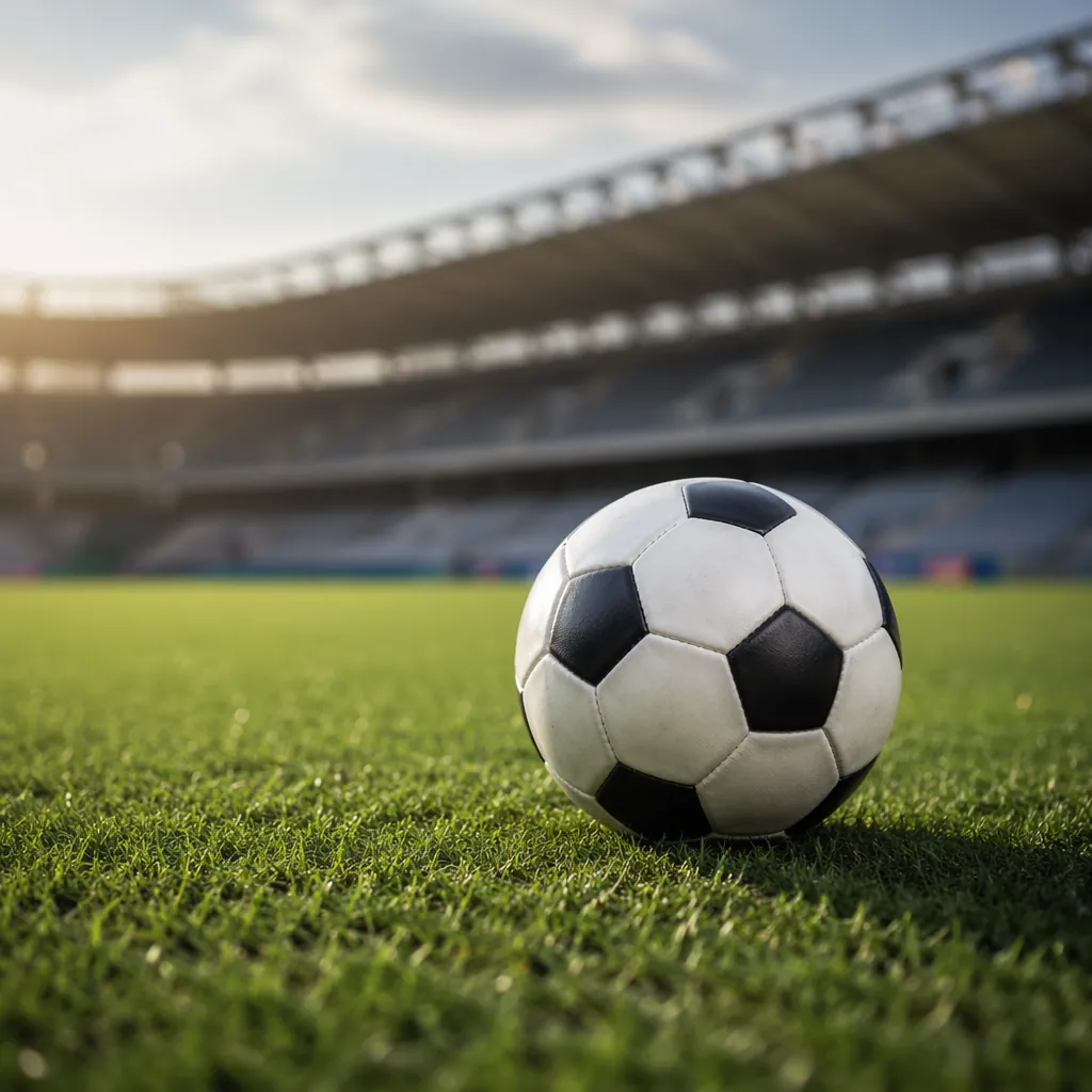 Generic soccer ball placed on a green grass field with a blurred view of a moder