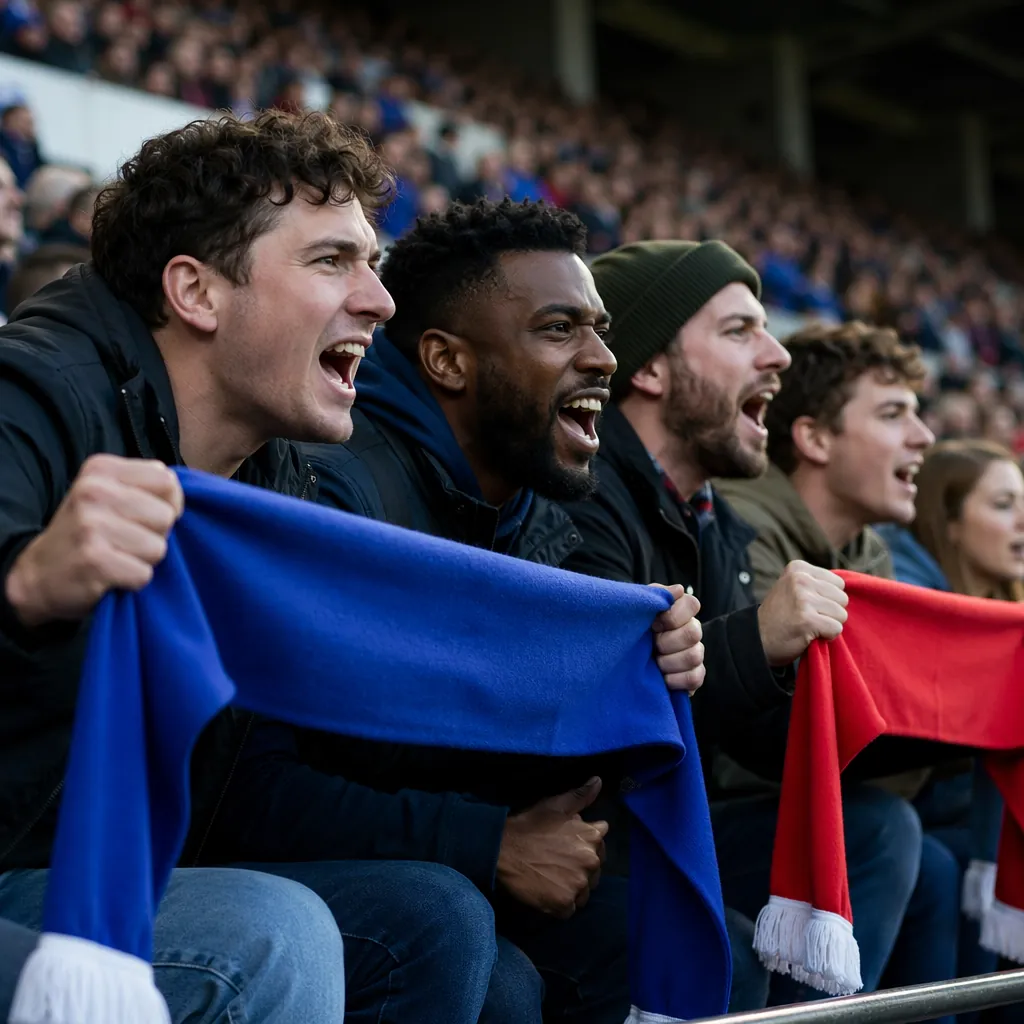 Group of football fans sitting in stadium seats, leaning forward excitedly looki