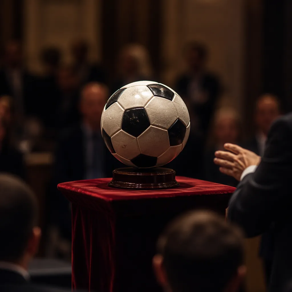Auction event scene with a soccer ball displayed on a velvet stand, soft ambient