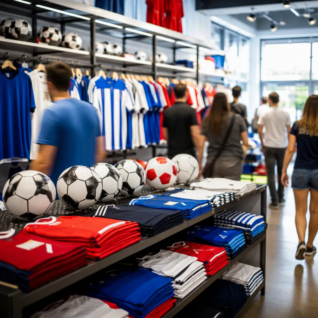 Rows of official soccer merchandise displayed in a bright pop-up store, blurred 