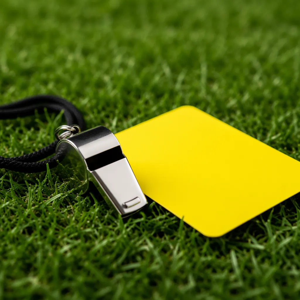 Close up shot of a referee's whistle and yellow card on a green grass field, sha