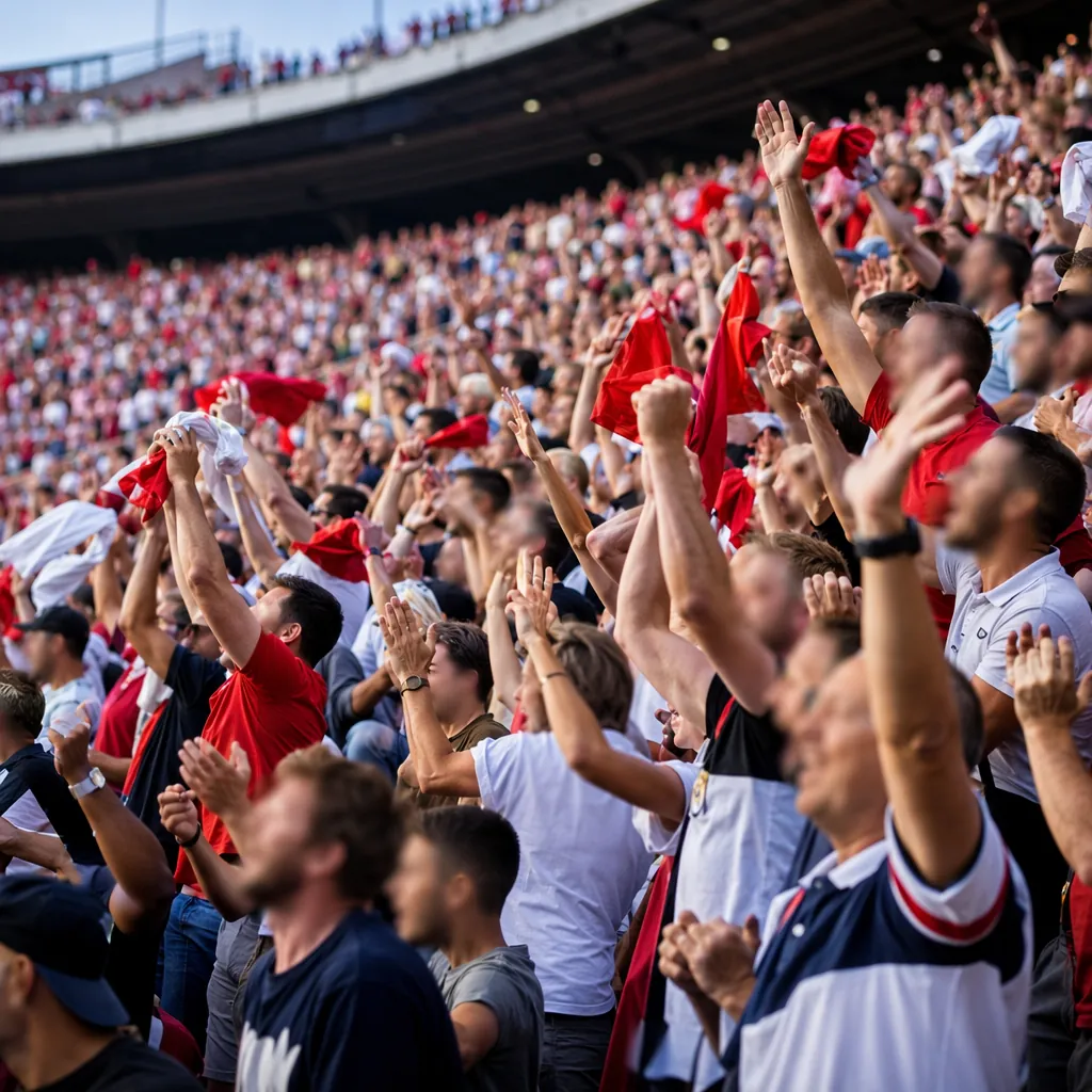 Wide shot of soccer fans cheering in a stadium stands, blurred faces, no team je