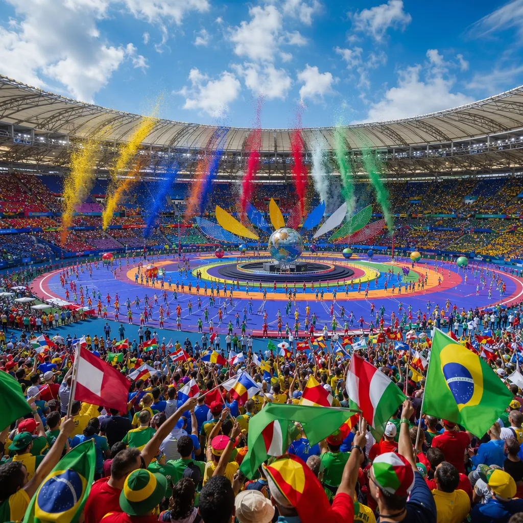 Wide shot of a vibrant World Cup opening ceremony stage setup, colorful flags wa