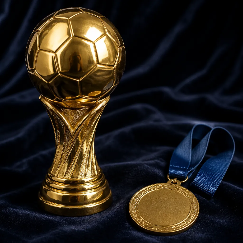 Close-up of a golden generic football trophy next to a plain medal, placed on da