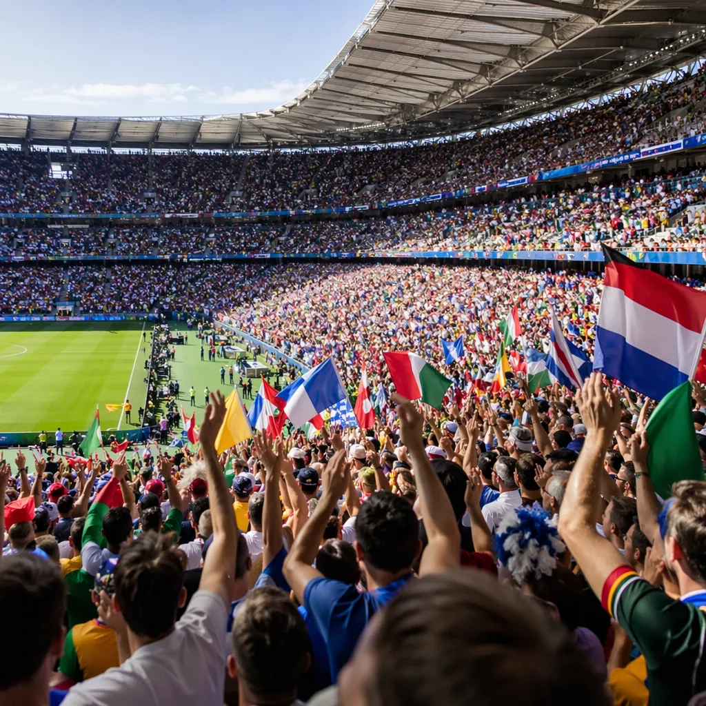 Wide shot of a packed World Cup stadium stands with cheering fans, vibrant match