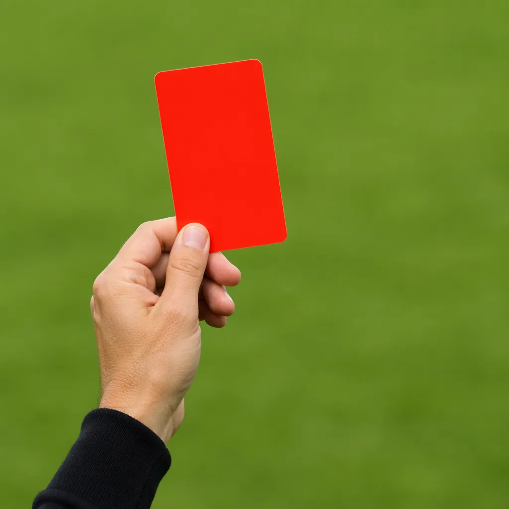 Close-up of a red card held by a referee against a green soccer pitch background