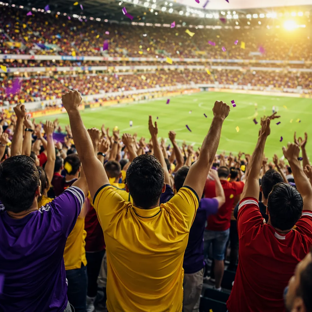 Wide shot of anonymous football fans wearing generic colored jerseys cheering in