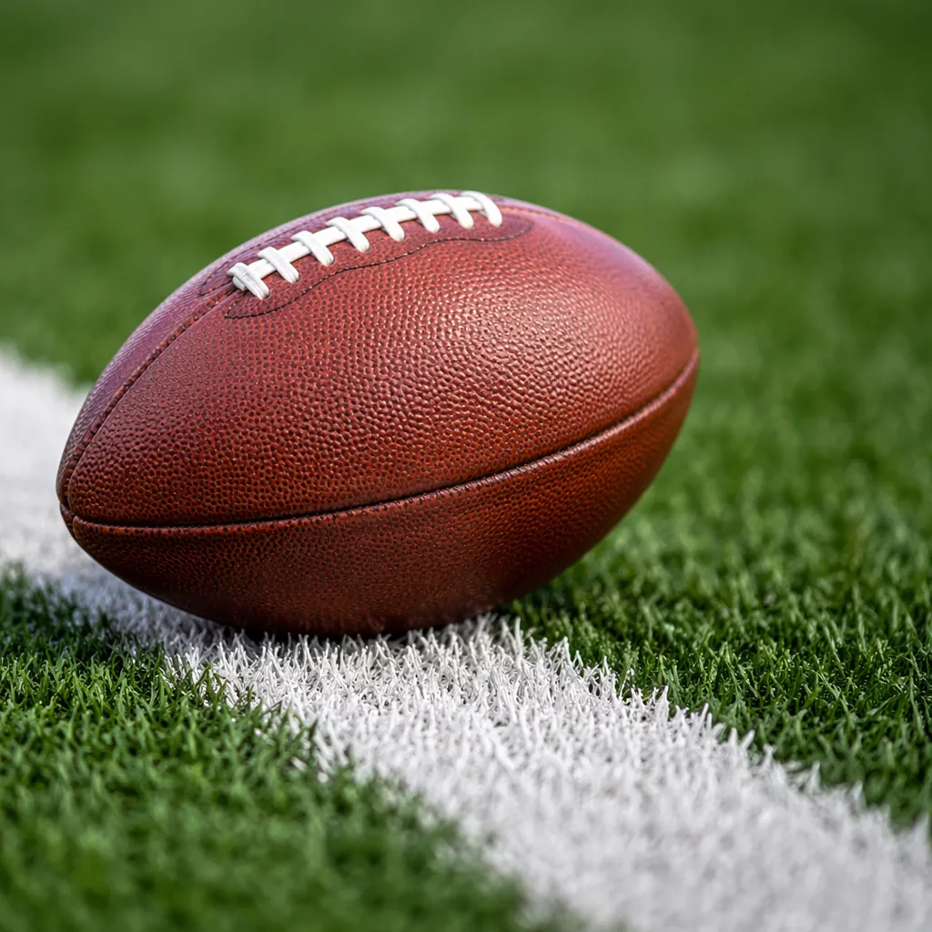 Close up shot of a football resting on the white boundary line of a green footba