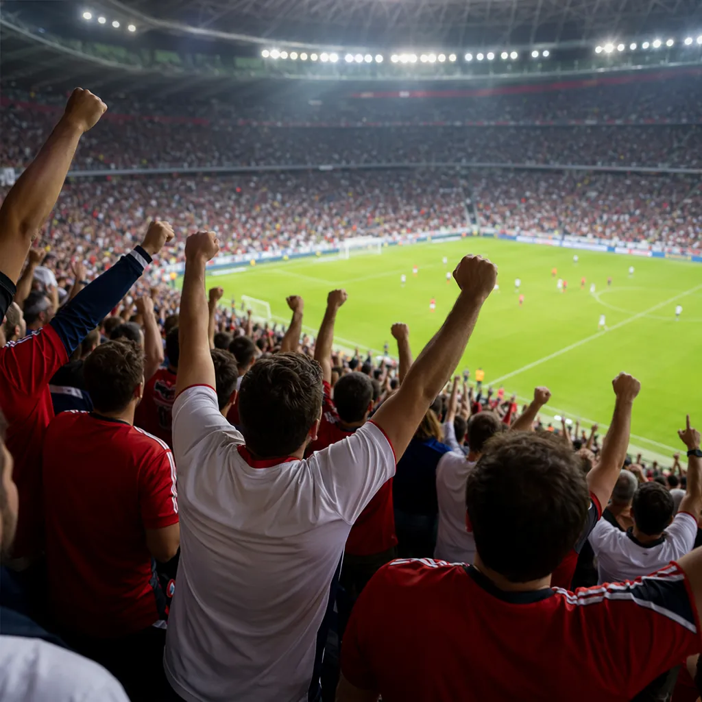 Wide shot of football fans raising their arms in celebration in a stadium stand,
