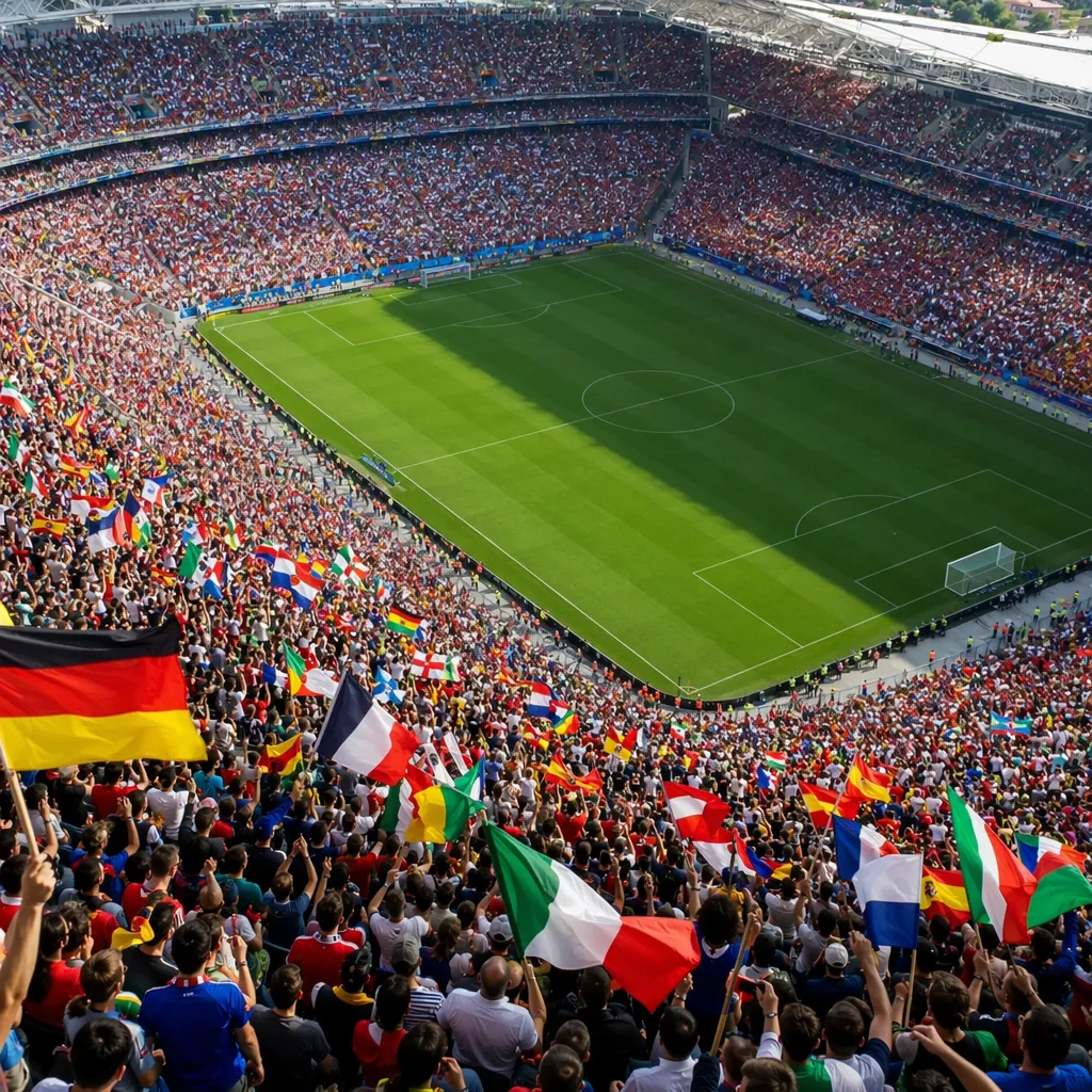 High angle shot of a large football stadium filled with fans waving national fla