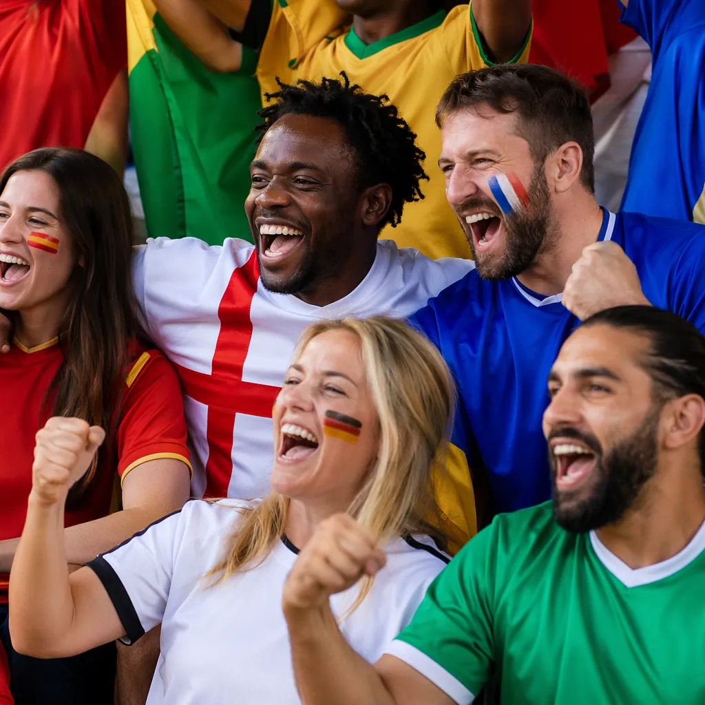 Close up of football fans from different countries cheering together in stadium 