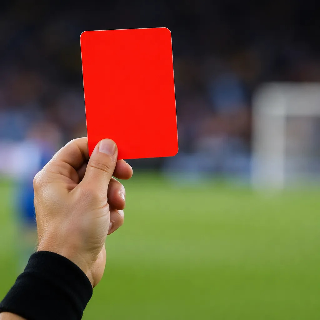Close up shot of a red card held by a referee, with blurred soccer field in back