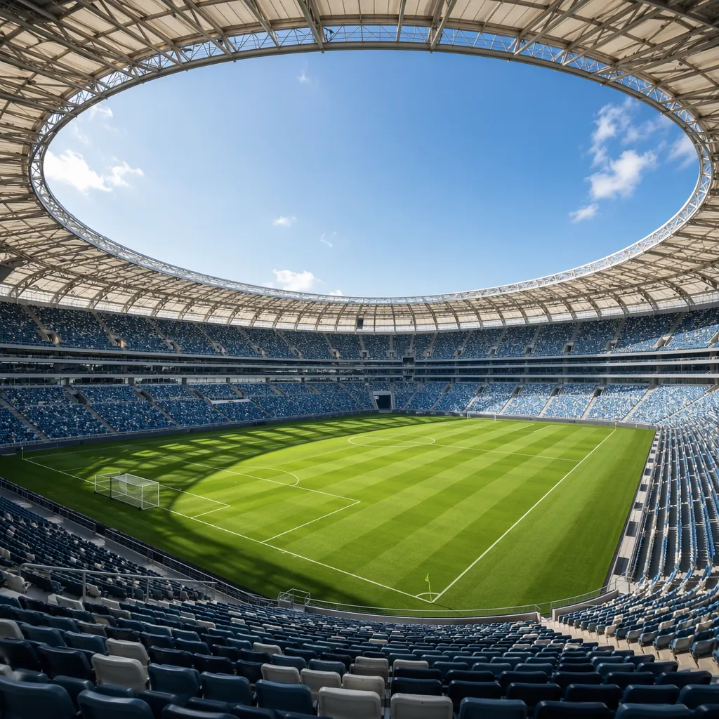 Wide shot of a modern FIFA World Cup soccer stadium during daytime, empty green 